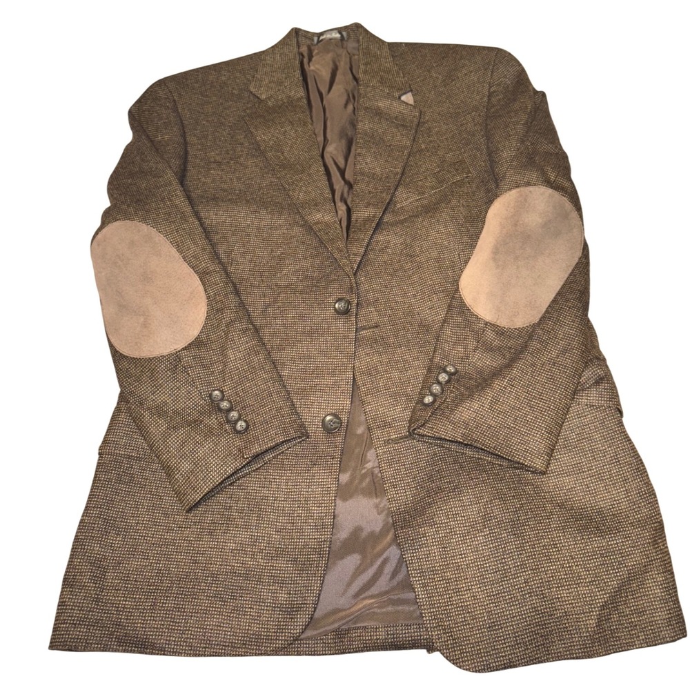 Oscar de la Renta Men's 43R Tweed Blazer Brown Suede Elbow Patches Lambswool